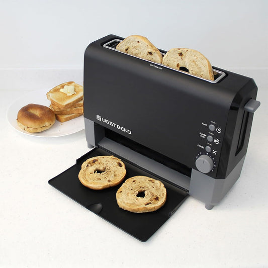West Bend 77224 QuikServe Slide Through Wide Slot Toaster with Cool Touch Exterior & Removable Crumb Tray, 2-Slice, Black - PuriLite