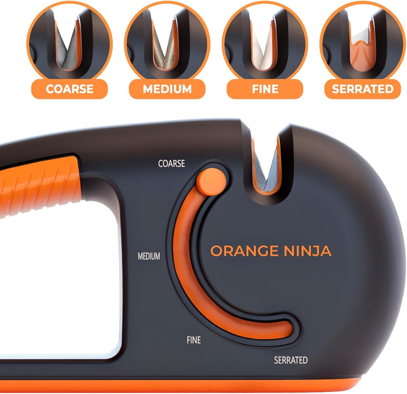Orange Ninja 4-Stage Knife Sharpener - Premium Kitchen Knife Sharpeners - Adjustable Handheld Manual Knife Sharpeners for Kitchen Knives, Knife Sharpener, Chefs & Serrated Knife by Sharp Pebble