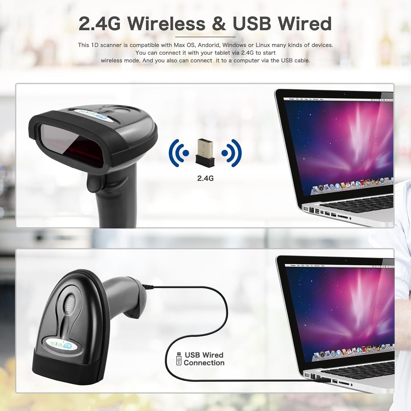 NETUM Wireless Barcode Scanner 2 in 1 2.4G Wireless & USB 2.0 Wired 1D Laser Barcode Reader Portable Bar Code Scanning for Retail Supermaket Warehouse NT-1698W