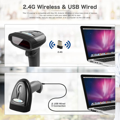 NETUM Wireless Barcode Scanner 2 in 1 2.4G Wireless & USB 2.0 Wired 1D Laser Barcode Reader Portable Bar Code Scanning for Retail Supermaket Warehouse NT-1698W