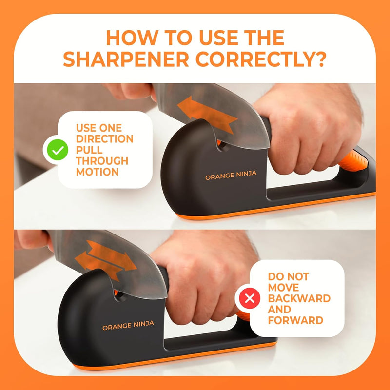 Orange Ninja 4-Stage Knife Sharpener - Premium Kitchen Knife Sharpeners - Adjustable Handheld Manual Knife Sharpeners for Kitchen Knives, Knife Sharpener, Chefs & Serrated Knife by Sharp Pebble