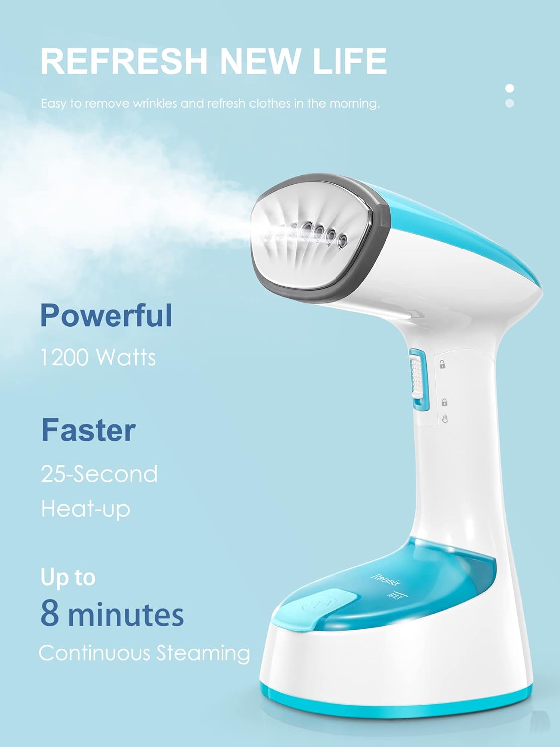Reemix Steamer for Clothes, 1200W Foldable Clothes Steamer, Handheld Garment Steamer, Fast Heat-up, Auto-Off, Steam Iron for Fabric Wrinkle Remover with Brush (Crystal Blue)