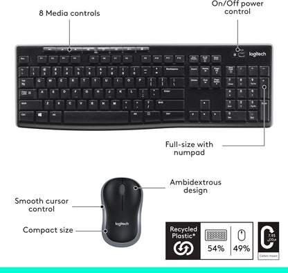 Logitech MK270 Wireless Keyboard and Mouse Combo for Windows, 2.4 GHz Wireless, Compact Mouse, 8 Multimedia and Shortcut Keys, 2-Year Battery Life, for PC, Laptop