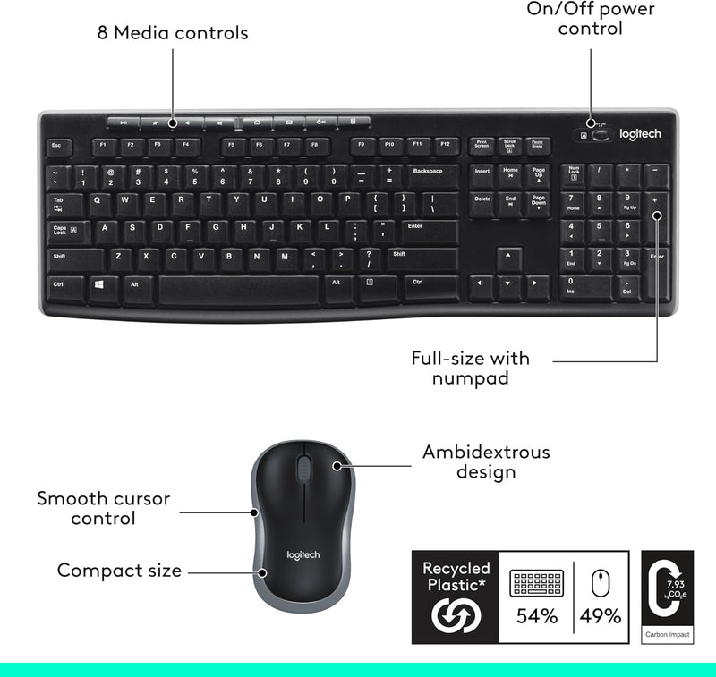 Logitech MK270 Wireless Keyboard and Mouse Combo for Windows, 2.4 GHz Wireless, Compact Mouse, 8 Multimedia and Shortcut Keys, 2-Year Battery Life, for PC, Laptop