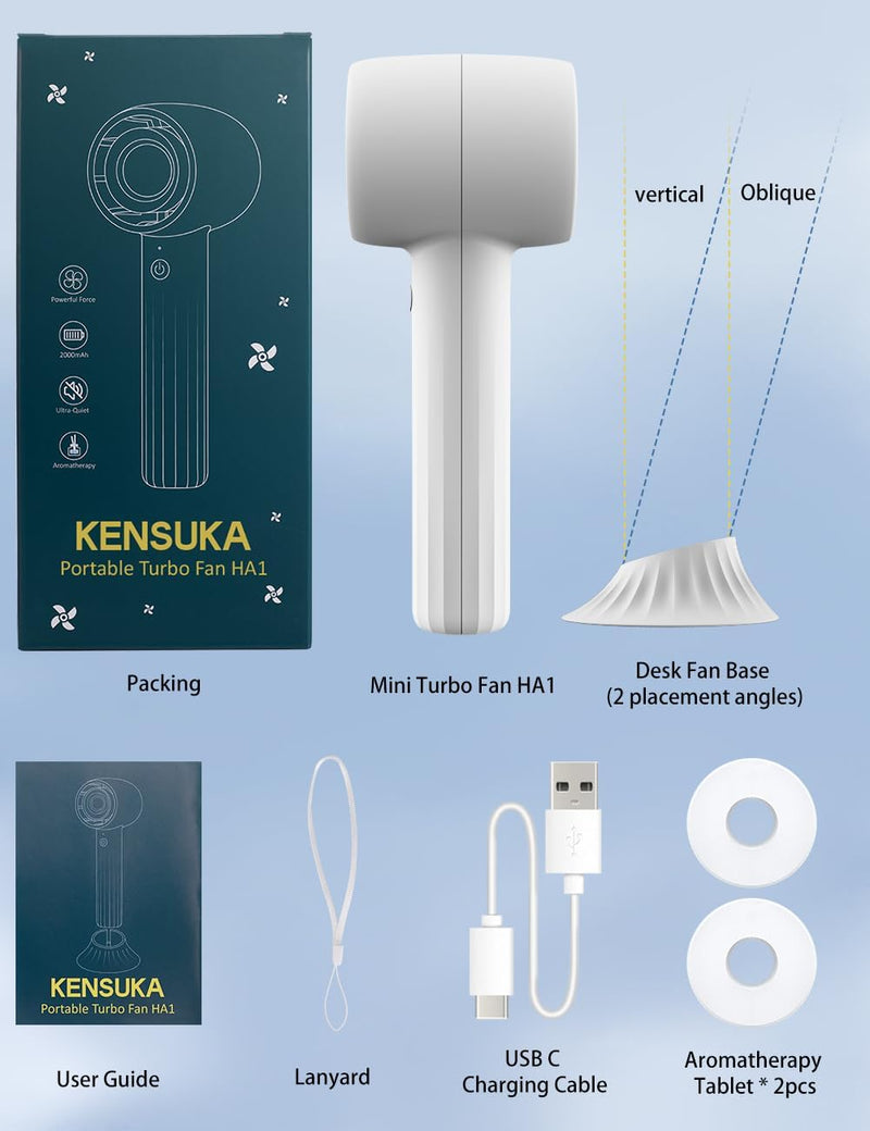 KENSUKA Handheld Fan with Aromatherapy HA1, Portable Hand Held Fan with 2000aMh USB Rechargeable Battery, 3 Speed Adjustable, Ideal for Travel, Makeup, and Outdoor Personal Cooling