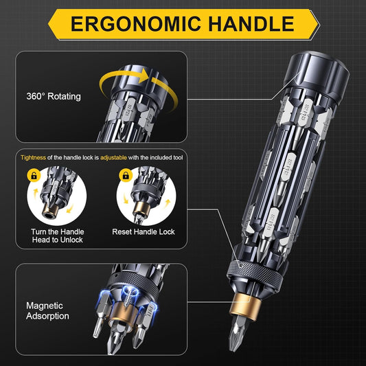 19-in-1 Multi Bit Screwdriver Set, Compact EDC Magnetic Screwdriver Tool with Extension Rod, Portable All-in-One Repair Tool for Electronics, Furniture and Home Maintenance - PuriLite