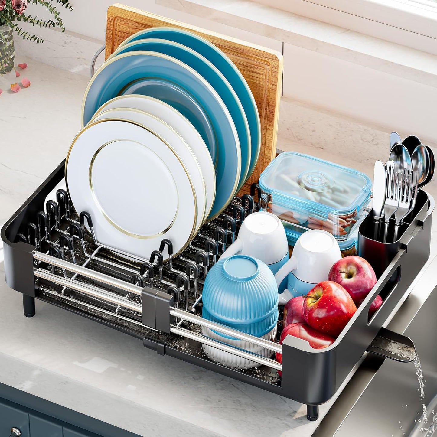 Urackify Extendable Dish Drying Rack, Dual Part Dish Drainers with Non-Scratch and Movable Cutlery Drainer and Drainage Spout, Adjustable Dish Rack for Kitchen,Black