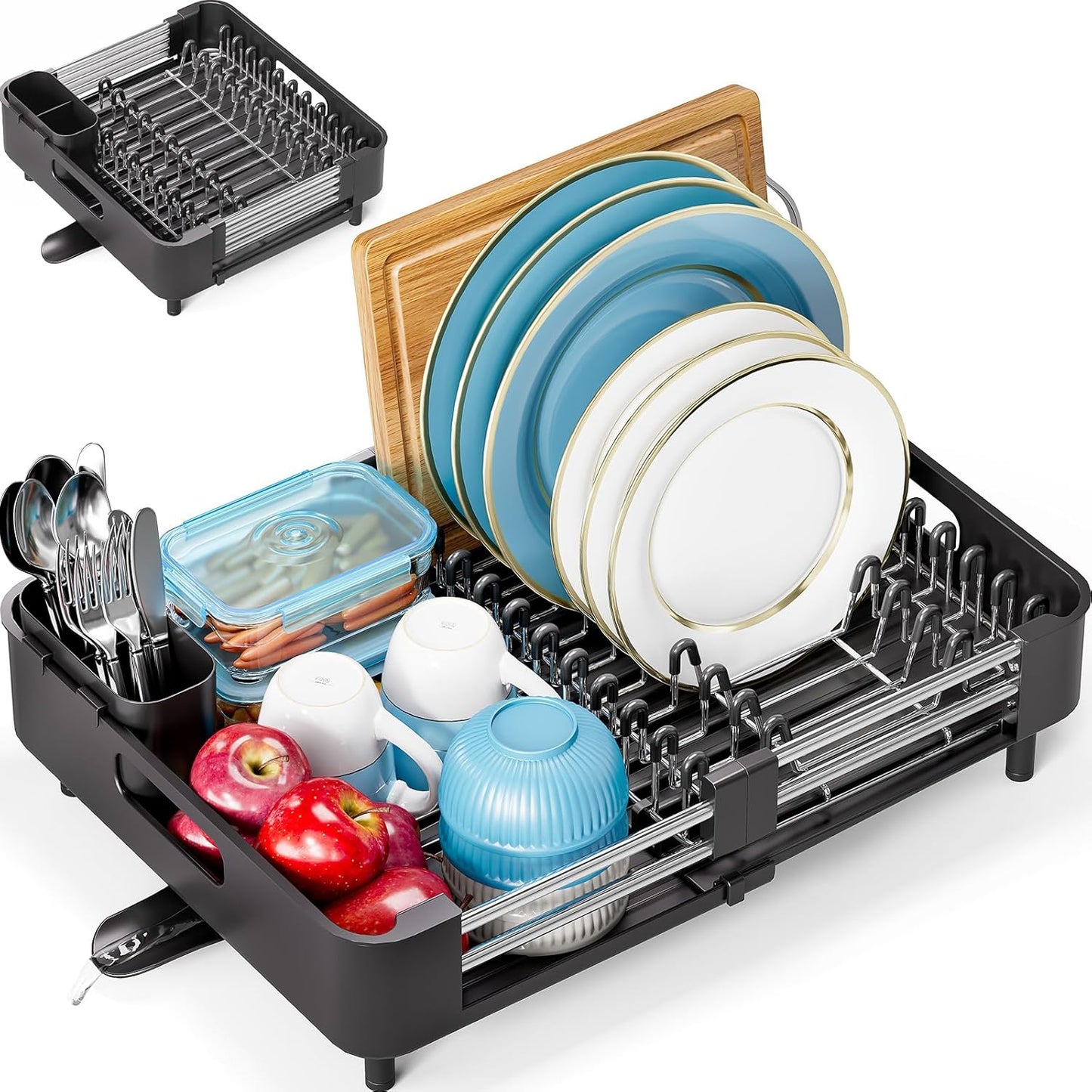 Urackify Extendable Dish Drying Rack, Dual Part Dish Drainers with Non-Scratch and Movable Cutlery Drainer and Drainage Spout, Adjustable Dish Rack for Kitchen,Black
