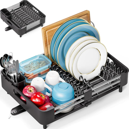Urackify Extendable Dish Drying Rack, Dual Part Dish Drainers with Non-Scratch and Movable Cutlery Drainer and Drainage Spout, Adjustable Dish Rack for Kitchen,Black