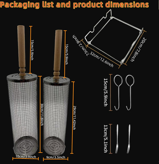 2-Piece Rolling Grill Basket Set with Removable Wooden Handle, 304 Stainless Steel BBQ Grilling Baskets for Vegetables, Meat and Seafood, Outdoor Camping and Picnic Accessories - PuriLite