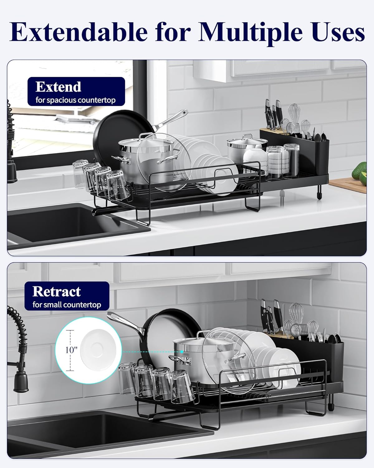 Kitsure Large Dish Drying Rack - Extendable Stainless Steel, Anti-Rust Kitchen Counter Rack with Cutlery & Cup Holders, 67.8 x 32.7 x 14.9cm, Black