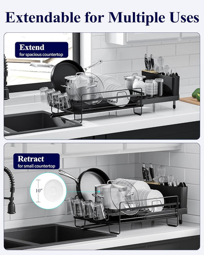 Kitsure Large Dish Drying Rack - Extendable Stainless Steel, Anti-Rust Kitchen Counter Rack with Cutlery & Cup Holders, 67.8 x 32.7 x 14.9cm, Black