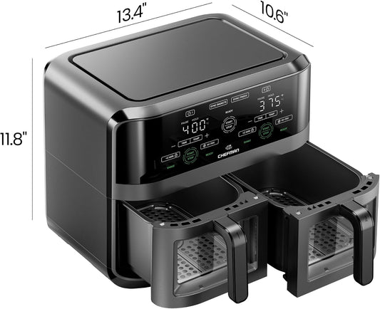 CHEFMAN 6 Quart Dual Basket Air Fryer Oven with Easy View Windows, Sync Finish, Hi-Fry, Auto Shutoff, 2 Independent 3Qt Nonstick Dishwasher Safe Frying Baskets, Digital Double Air Fryer - Black - PuriLite