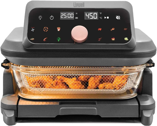 Livwell 6 Quart Glass Container Air Fryer with Pull-Out Drawer & Lid, PFOA & PFAS-Free, 12 Presets, Dishwasher-Safe, Family-Sized One Dish Meal for Baking, Roasting & Crispy Frying