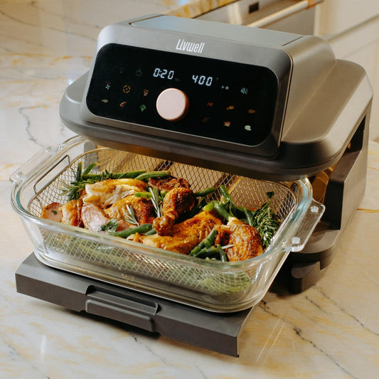 Livwell 6 Quart Glass Container Air Fryer with Pull-Out Drawer & Lid, PFOA & PFAS-Free, 12 Presets, Dishwasher-Safe, Family-Sized One Dish Meal for Baking, Roasting & Crispy Frying - PuriLite