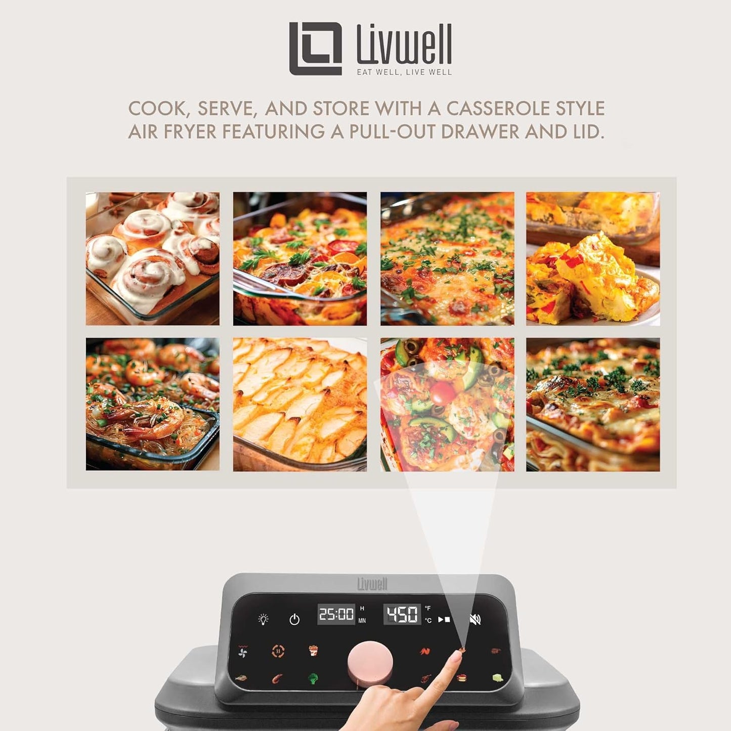 Livwell 6 Quart Glass Container Air Fryer with Pull-Out Drawer & Lid, PFOA & PFAS-Free, 12 Presets, Dishwasher-Safe, Family-Sized One Dish Meal for Baking, Roasting & Crispy Frying