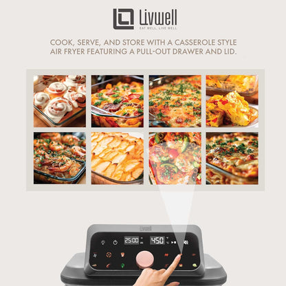 Livwell 6 Quart Glass Container Air Fryer with Pull-Out Drawer & Lid, PFOA & PFAS-Free, 12 Presets, Dishwasher-Safe, Family-Sized One Dish Meal for Baking, Roasting & Crispy Frying