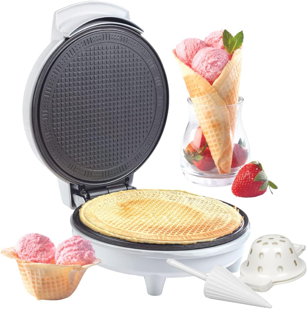 Waffle Cone and Bowl Maker- Includes Shaper Roller and Bowl Press- Homemade Ice Cream Cone Iron Machine - Electric Nonstick Waffler Iron, Unique Birthday Treat, Gift Giving or Entertaining Holiday Fun