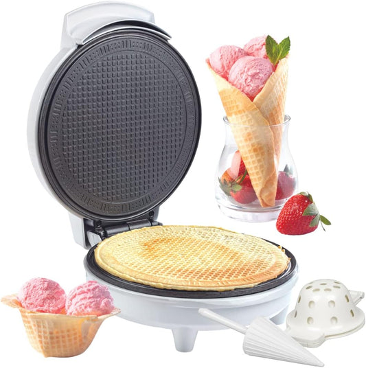 Waffle Cone and Bowl Maker- Includes Shaper Roller and Bowl Press- Homemade Ice Cream Cone Iron Machine - Electric Nonstick Waffler Iron, Unique Birthday Treat, Gift Giving or Entertaining Holiday Fun