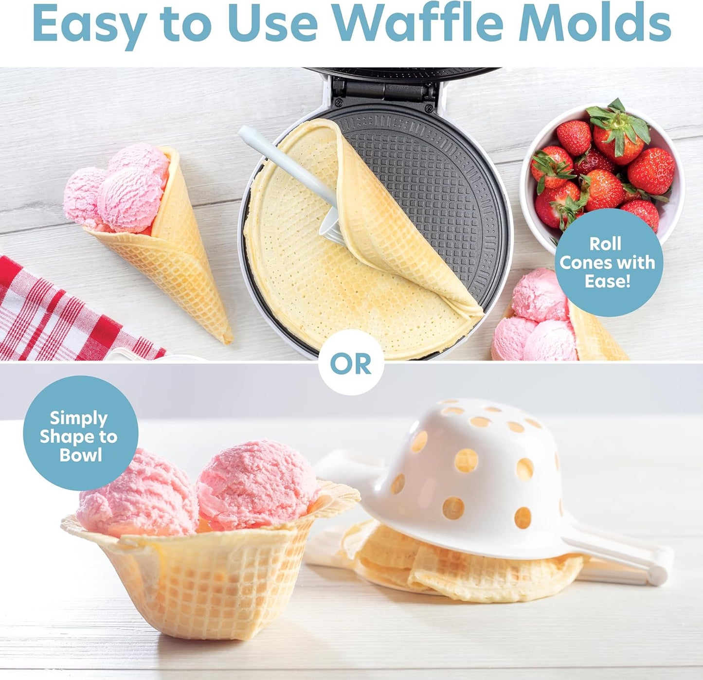 Waffle Cone and Bowl Maker- Includes Shaper Roller and Bowl Press- Homemade Ice Cream Cone Iron Machine - Electric Nonstick Waffler Iron, Unique Birthday Treat, Gift Giving or Entertaining Holiday Fun