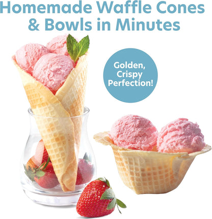 Waffle Cone and Bowl Maker- Includes Shaper Roller and Bowl Press- Homemade Ice Cream Cone Iron Machine - Electric Nonstick Waffler Iron, Unique Birthday Treat, Gift Giving or Entertaining Holiday Fun