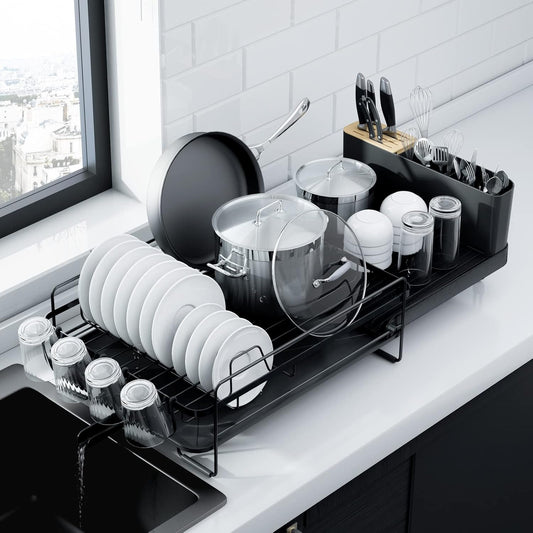 Kitsure Large Dish Drying Rack - Extendable Stainless Steel, Anti-Rust Kitchen Counter Rack with Cutlery & Cup Holders, 67.8 x 32.7 x 14.9cm, Black
