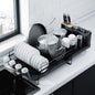 Kitsure Large Dish Drying Rack - Extendable Stainless Steel, Anti-Rust Kitchen Counter Rack with Cutlery & Cup Holders, 67.8 x 32.7 x 14.9cm, Black