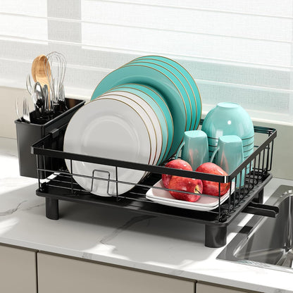 Qienrrae Dish Drying Rack with Drain Board for Kitchen Counter, Stainless Steel Large Dish Drainer with Detachable Utensil Holder, Durable Dish Rack Used in Sink and Sit on Countertop, Black