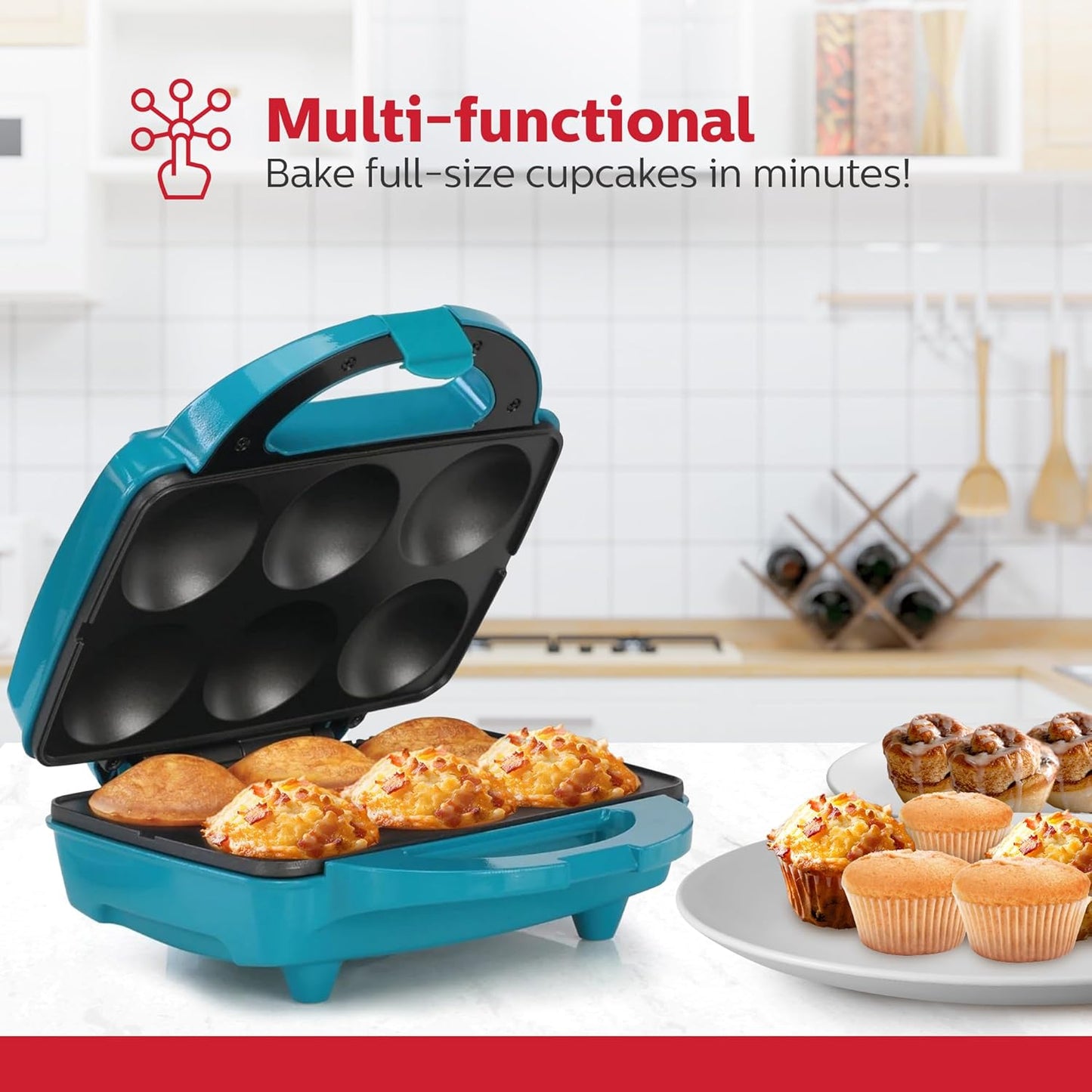 Holstein Housewares Non-Stick Cupcake Maker, Teal - Makes 6 Cupcakes, Muffins, Cinnamon Buns - Birthdays, Holidays, and More