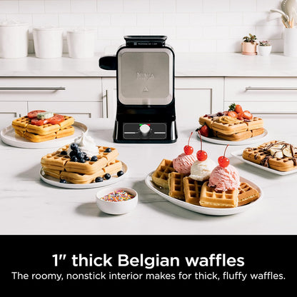 Ninja BW1000C Belgian Waffle Maker, Nonstick, 5 Shade Settings, Easy to Clean, Black/Silver, 12 inch