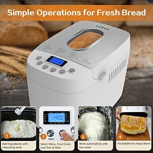 Davivy 3LB Bread Maker Machine with 2 Dough Kneading Paddle Dough Maker,15-in-1 Automatic Bread Machine Nonstick Bowl For Bread, Jam& Yogurt, 3 Loaf Sizes and 3 crust settings（silver）