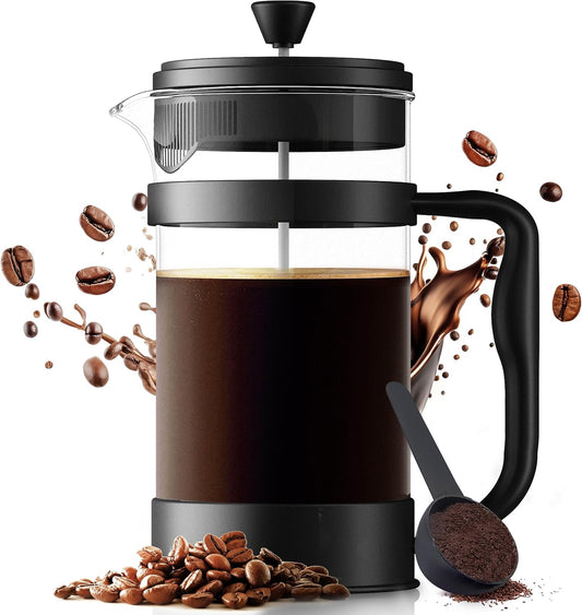 KICHLY - 34 Ounce French Press Espresso and Tea Maker with Triple Filters, Stainless Steel Plunger and Heat Resistant Borosilicate Glass, Black
