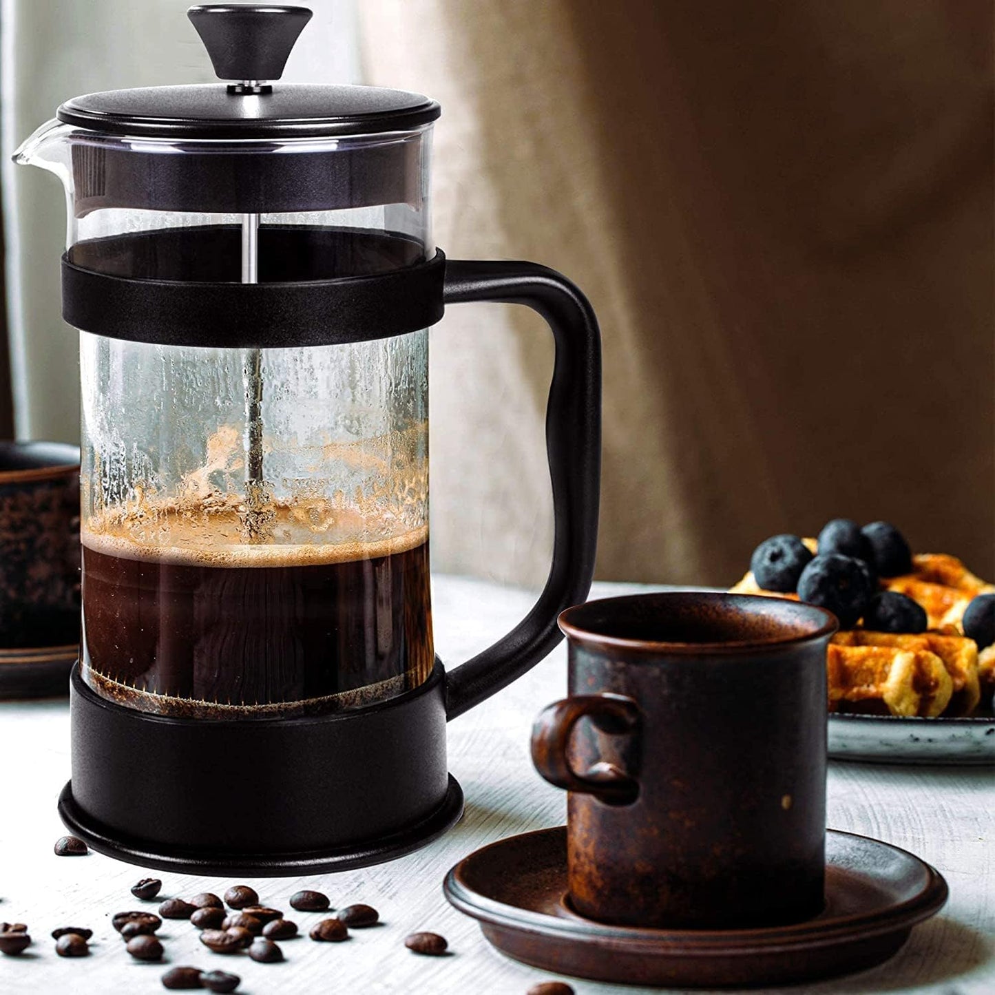 KICHLY - 34 Ounce French Press Espresso and Tea Maker with Triple Filters, Stainless Steel Plunger and Heat Resistant Borosilicate Glass, Black