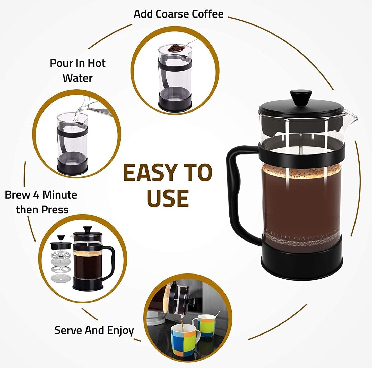 KICHLY - 34 Ounce French Press Espresso and Tea Maker with Triple Filters, Stainless Steel Plunger and Heat Resistant Borosilicate Glass, Black