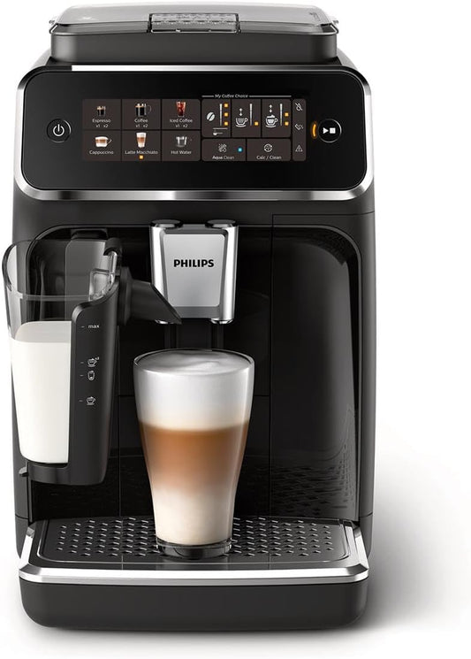 Philips Series 3300 Fully Automatic Espresso Coffee Machine - 6 Hot & Iced Drinks, LatteGo Milk System, 40% Quieter SilentBrew, Ceramic Grinder, Aquaclean Filter, Glossy Black (EP3341/50
