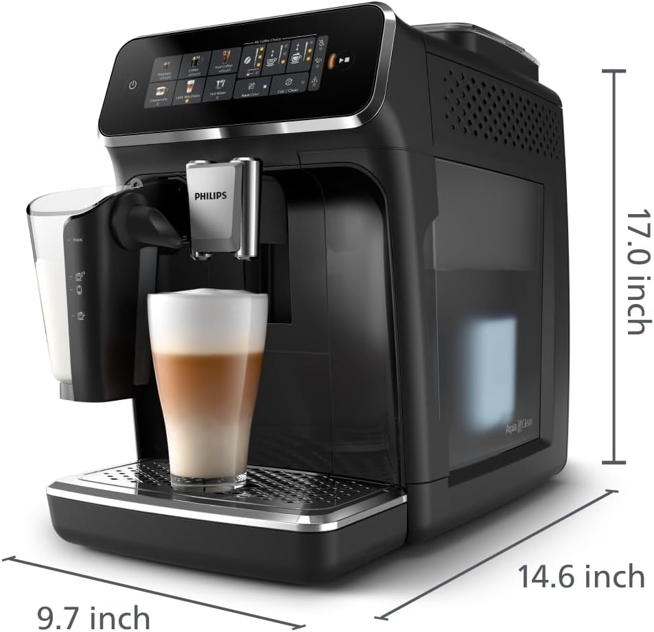 Philips Series 3300 Fully Automatic Espresso Coffee Machine - 6 Hot & Iced Drinks, LatteGo Milk System, 40% Quieter SilentBrew, Ceramic Grinder, Aquaclean Filter, Glossy Black (EP3341/50