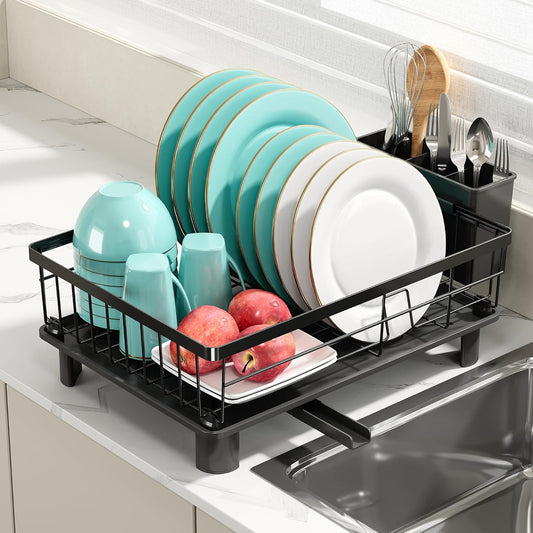 Qienrrae Dish Drying Rack with Drain Board for Kitchen Counter, Stainless Steel Large Dish Drainer with Detachable Utensil Holder, Durable Dish Rack Used in Sink and Sit on Countertop, Black