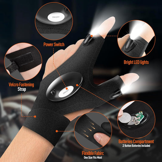 LED Flashlight Gloves for Hands-Free Lighting, Fingerless Work Gloves with Built-In Lights, Adjustable Utility Gloves for Camping, Repairs, and Low-Light Tasks - PuriLite