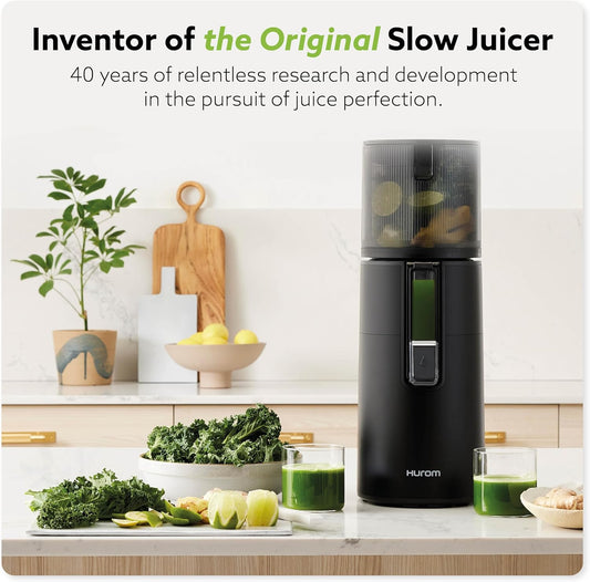 Hurom H400 Easy Clean Slow Juicer, Matte Black | Hands Free | Hopper Fits Whole Produce | Quiet Motor | Scrub Free Cleaning | BPA Free | Easy Assembly | Healthy Living | Cold Press Masticating Juicer - PuriLite