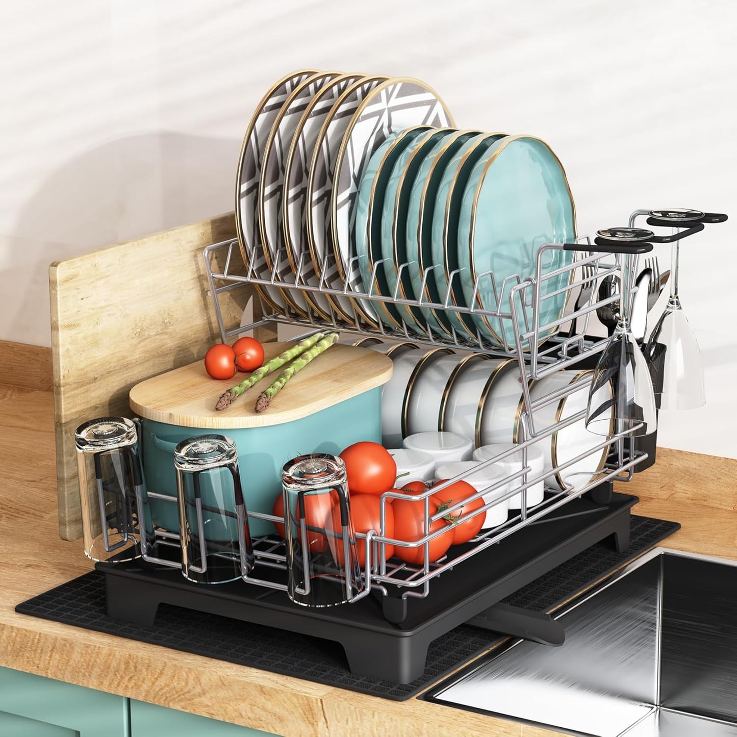 MAJALIS Dish Drying Rack with Drainboard, 2 Tier Large Dish Racks with Swivel Spout, Stainless Steel Dish Drainer for Kitchen Counter with Wine Glass Holder and Extra Drying Mat (Grey)