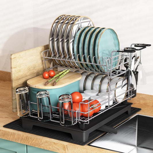 MAJALIS Dish Drying Rack with Drainboard, 2 Tier Large Dish Racks with Swivel Spout, Stainless Steel Dish Drainer for Kitchen Counter with Wine Glass Holder and Extra Drying Mat (Grey) - PuriLite