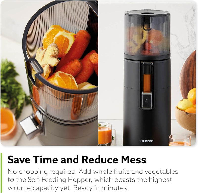 Hurom H400 Easy Clean Slow Juicer, Matte Black | Hands Free | Hopper Fits Whole Produce | Quiet Motor | Scrub Free Cleaning | BPA Free | Easy Assembly | Healthy Living | Cold Press Masticating Juicer
