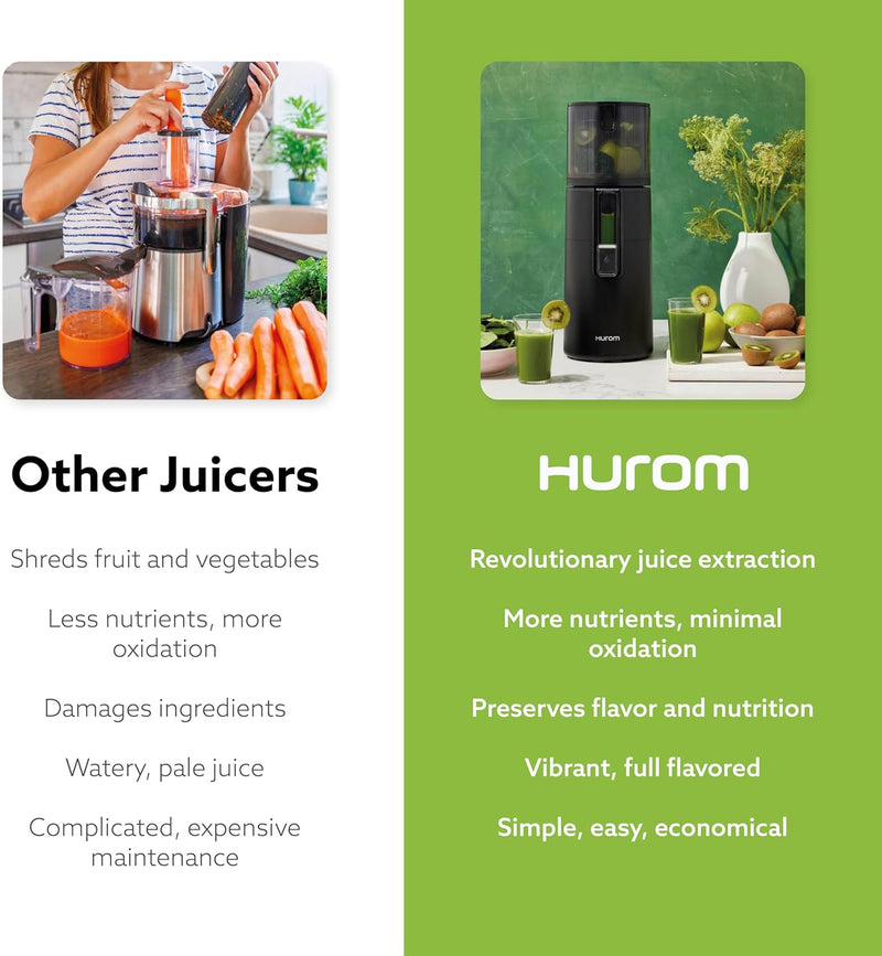 Hurom H400 Easy Clean Slow Juicer, Matte Black | Hands Free | Hopper Fits Whole Produce | Quiet Motor | Scrub Free Cleaning | BPA Free | Easy Assembly | Healthy Living | Cold Press Masticating Juicer