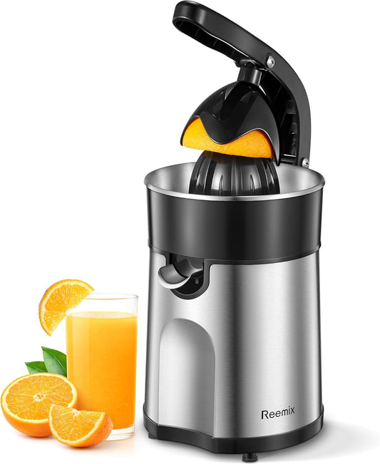 Reemix Electric Citrus Juicer Squeezer, Orange Juicer with Two Interchangeable Cones, Suitable for orange, lemon and Grapefruit, Brushed Stainless Steel, Easy to Clean and Use (Alloy Steel,Plastic)