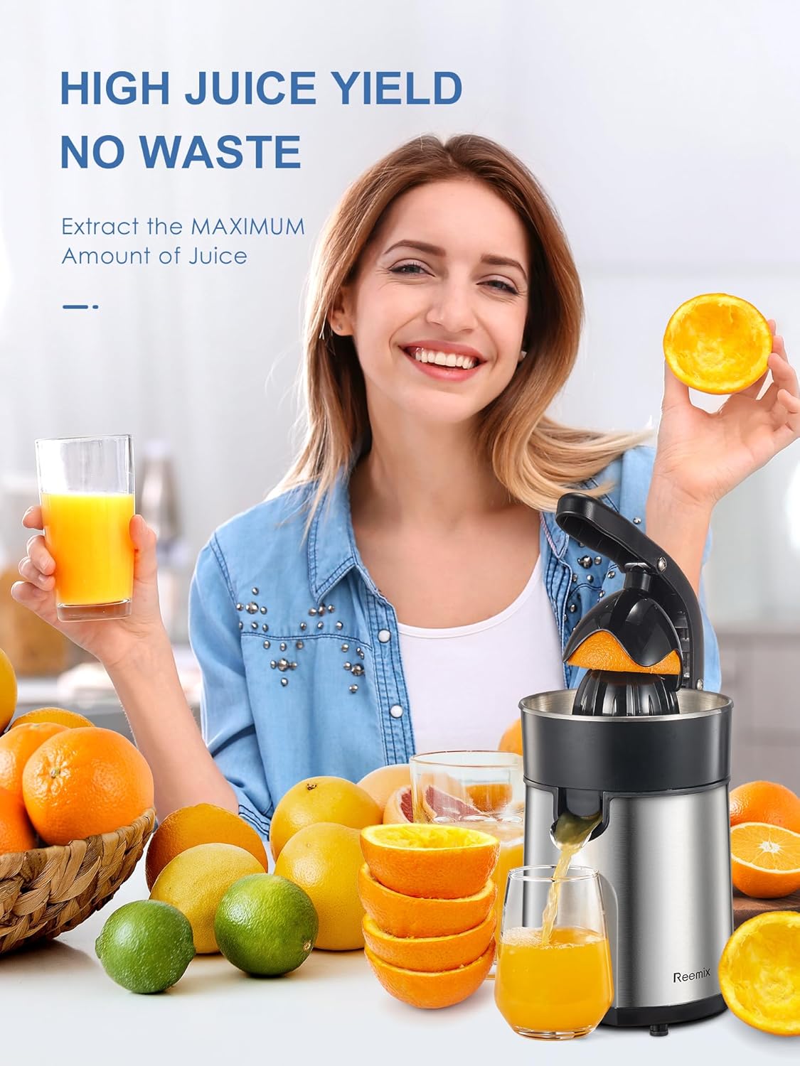 Reemix Electric Citrus Juicer Squeezer, Orange Juicer with Two Interchangeable Cones, Suitable for orange, lemon and Grapefruit, Brushed Stainless Steel, Easy to Clean and Use (Alloy Steel,Plastic)