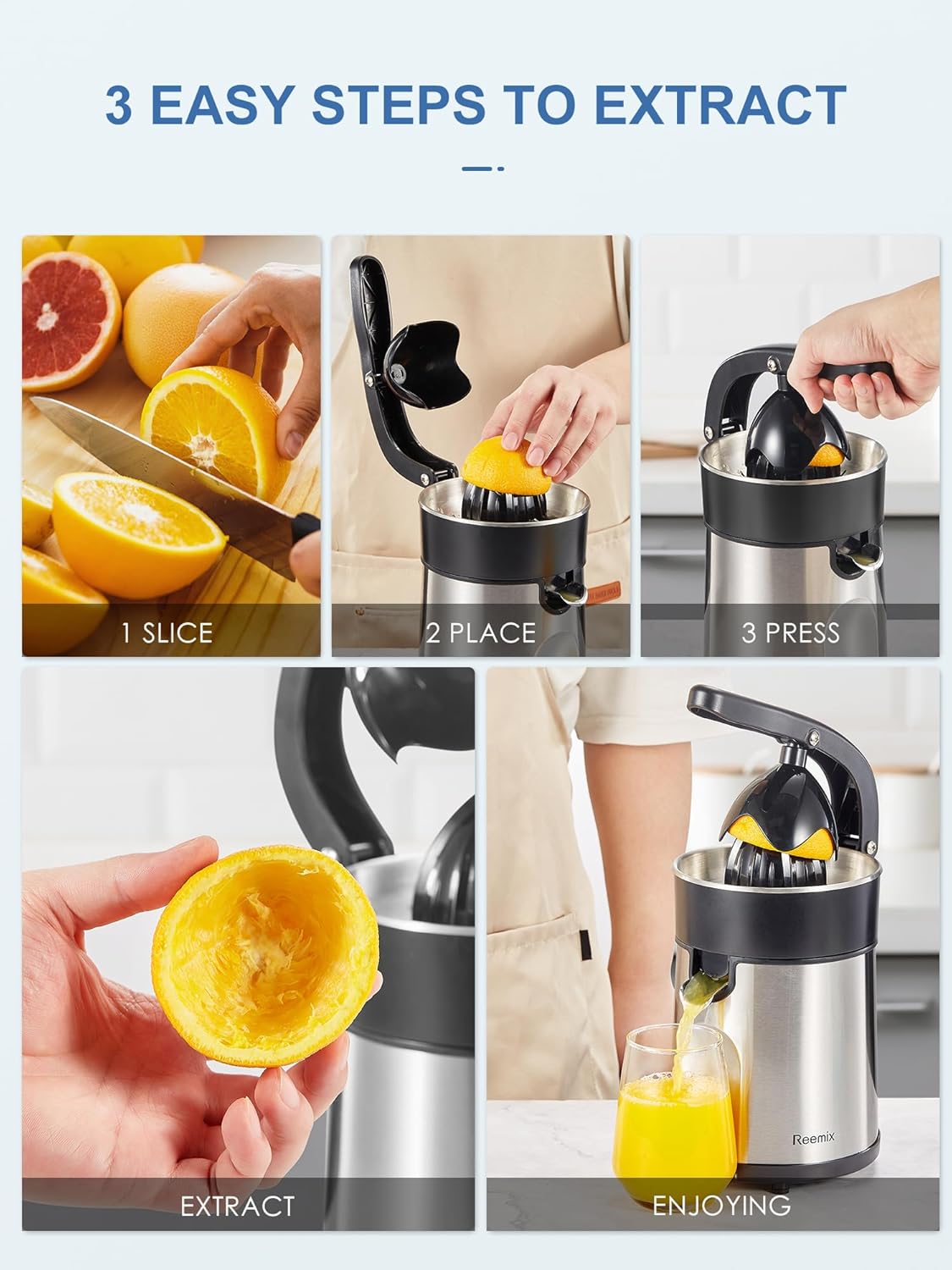 Reemix Electric Citrus Juicer Squeezer, Orange Juicer with Two Interchangeable Cones, Suitable for orange, lemon and Grapefruit, Brushed Stainless Steel, Easy to Clean and Use (Alloy Steel,Plastic)
