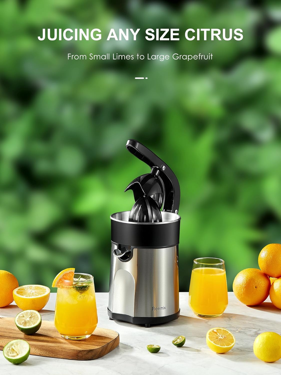 Reemix Electric Citrus Juicer Squeezer, Orange Juicer with Two Interchangeable Cones, Suitable for orange, lemon and Grapefruit, Brushed Stainless Steel, Easy to Clean and Use (Alloy Steel,Plastic)