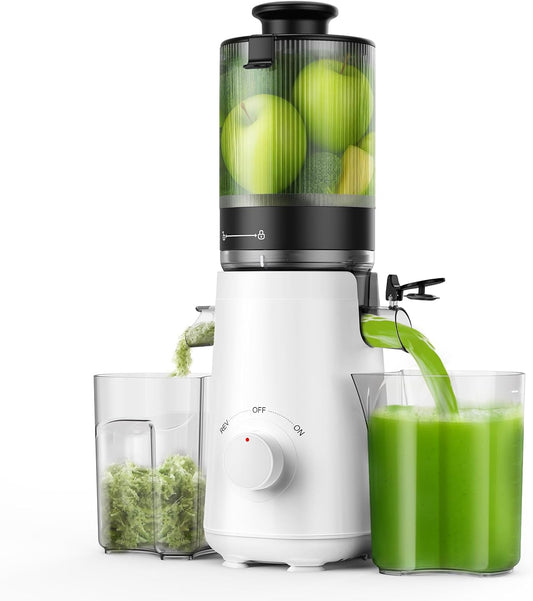 Juicer Machine, TUUMIIST Cold Press Juicer with 5.3" Feeding Chute Fit Whole Fruits and Vegetables, Slow Masticating Juicer Easy to Clean, High Juice Yield, BPA Free (White)