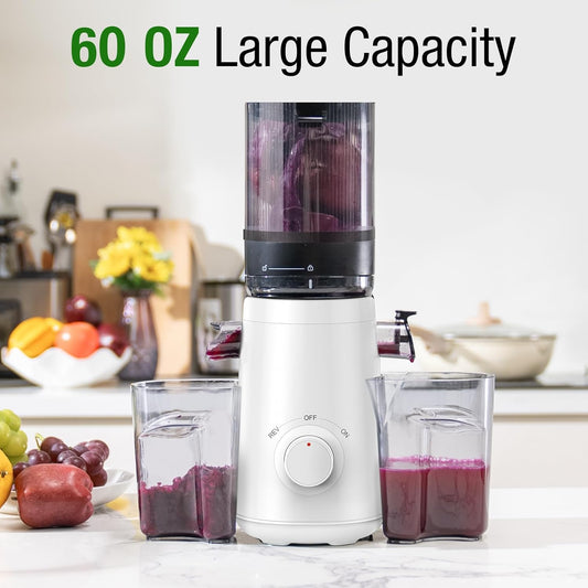 Juicer Machine, TUUMIIST Cold Press Juicer with 5.3" Feeding Chute Fit Whole Fruits and Vegetables, Slow Masticating Juicer Easy to Clean, High Juice Yield, BPA Free (White) - PuriLite