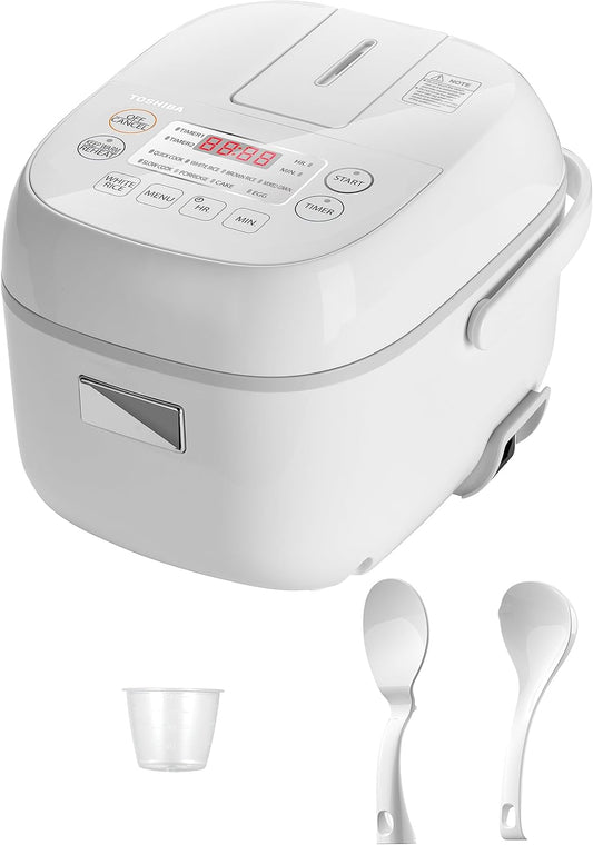 Toshiba Mini Rice Cooker, 3 Cups Uncooked Small Rice Cooker, Steamer & Warmer, With Fuzzy Logic And One-Touch Cooking, 24 Hour Delay Timer And Auto Keep Warm Feature, White